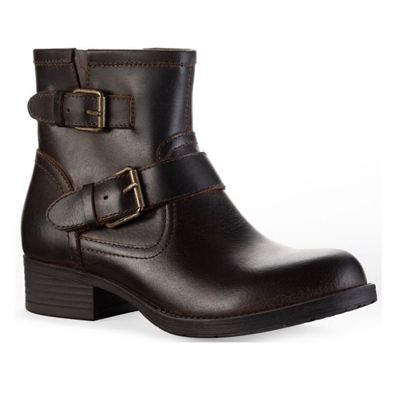 SUN + STONE LEATHER BOOTIES *BROWN *BRASS BUCKLES *NEW IN BOX SIZE 6 ANKLE BOOTS - Picture 1 of 8